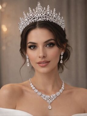 Luxury Bridal Jewelry Set Silver Crystal Tiara Crown Necklace Earrings 3pc